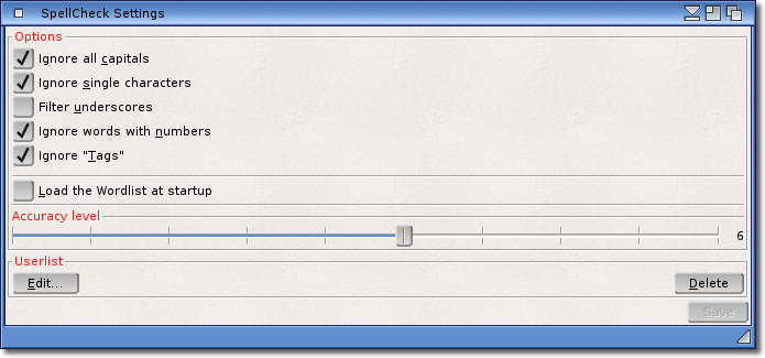 Spellcheck Settings window